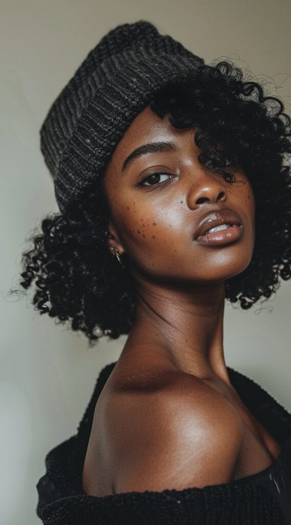 35 Beanie Hairstyles for Black Women: Chic and Cozy Ideas for Every Style 5 beanie over curly side parted bob