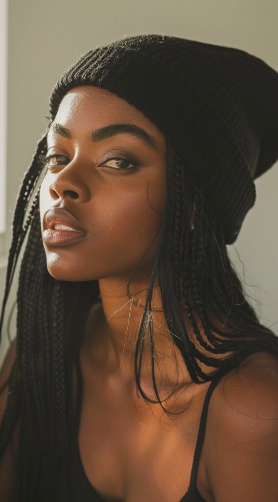 35 Beanie Hairstyles for Black Women: Chic and Cozy Ideas for Every Style 7 beanie over goddess braids with straight hair