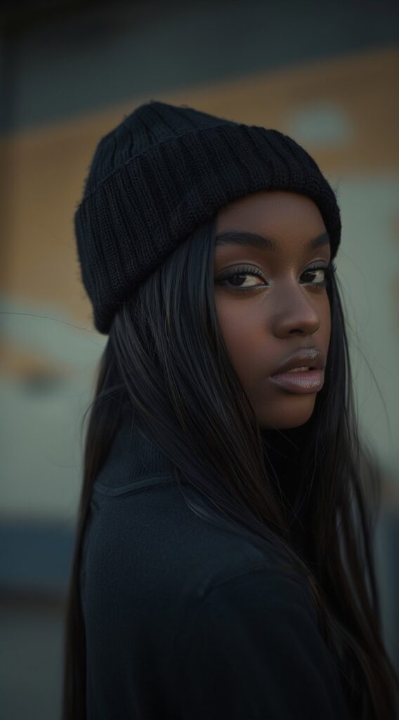 35 Beanie Hairstyles for Black Women: Chic and Cozy Ideas for Every Style 11 beanie over long straight hair