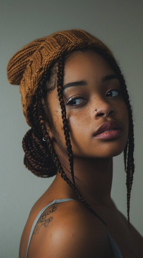 35 Beanie Hairstyles for Black Women: Chic and Cozy Ideas for Every Style 12 beanie over low braided bun with braided framing tendrils