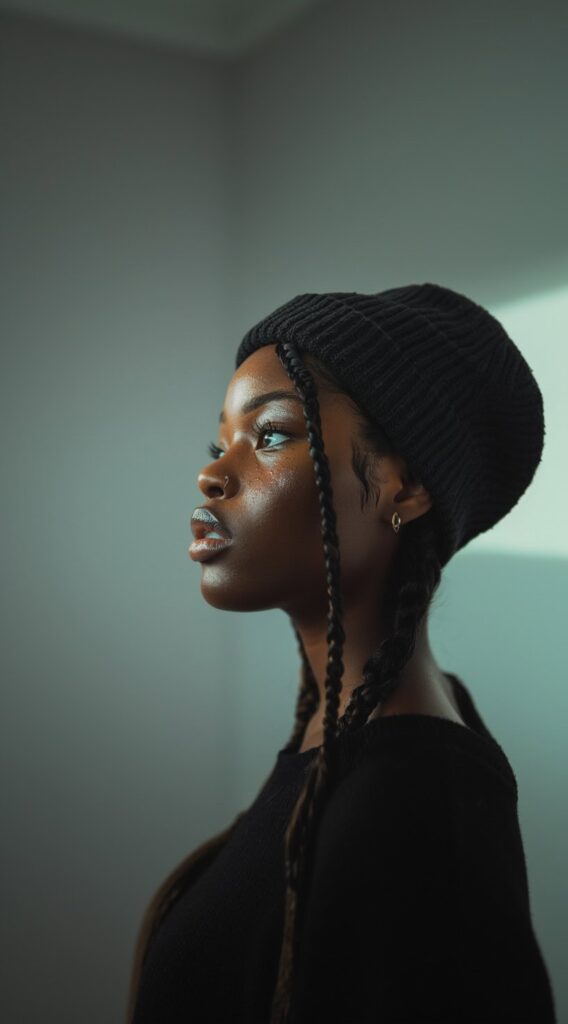 35 Beanie Hairstyles for Black Women: Chic and Cozy Ideas for Every Style 13 beanie over low braided pigtails with braided framing tendrils