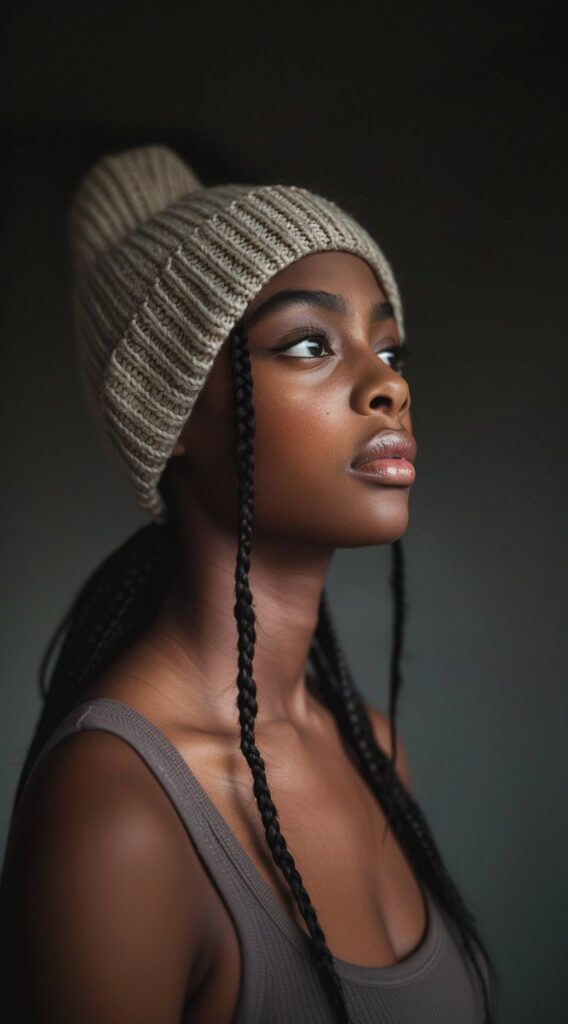 35 Beanie Hairstyles for Black Women: Chic and Cozy Ideas for Every Style 15 beanie over low ponytail braids with braided framing tendrils