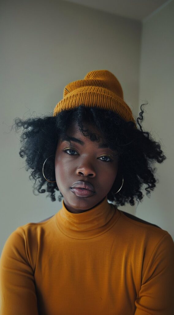 35 Beanie Hairstyles for Black Women: Chic and Cozy Ideas for Every Style 17 beanie over medium natural hair with bangs