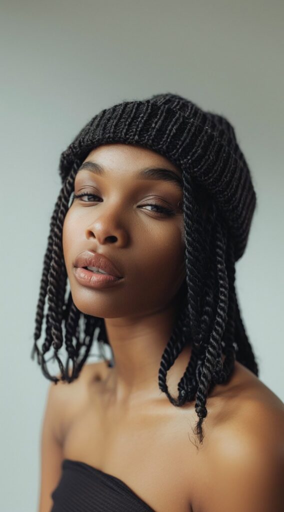 35 Beanie Hairstyles for Black Women: Chic and Cozy Ideas for Every Style 22 beanie over short two strand twists