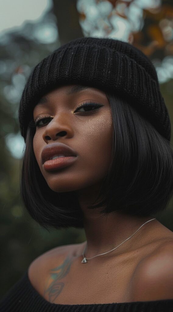 35 Beanie Hairstyles for Black Women: Chic and Cozy Ideas for Every Style 23 beanie over sleek bob with flipped in ends