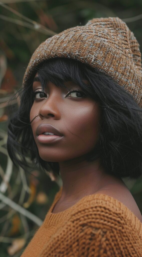 35 Beanie Hairstyles for Black Women: Chic and Cozy Ideas for Every Style 24 beanie over soft bob with side swept bangs