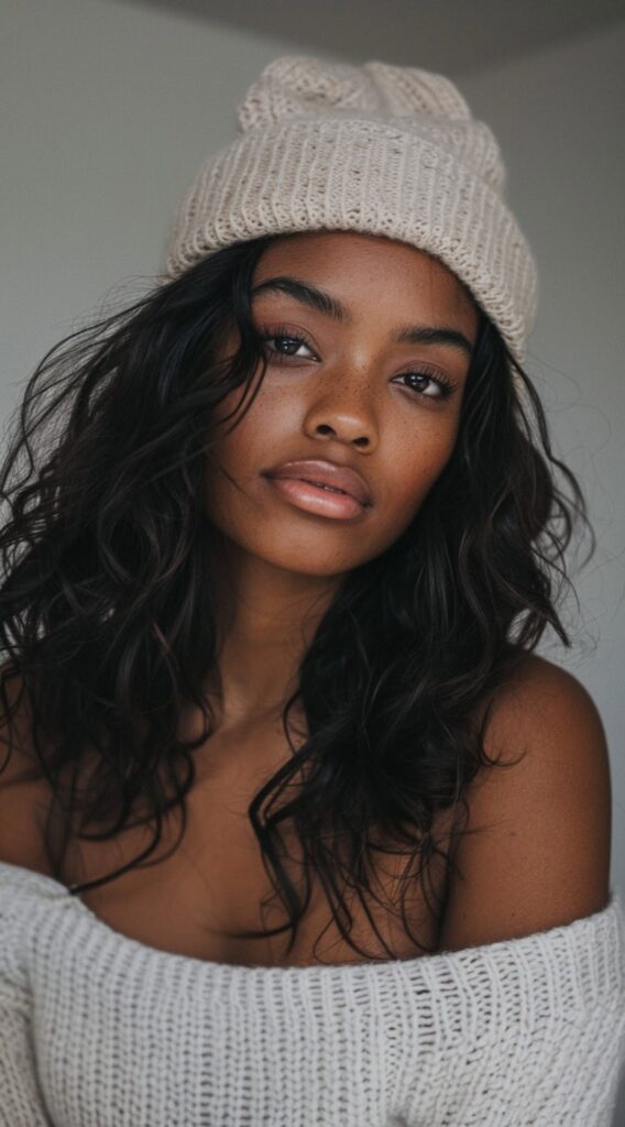 35 Beanie Hairstyles for Black Women: Chic and Cozy Ideas for Every Style 28 beanie over wavy hair