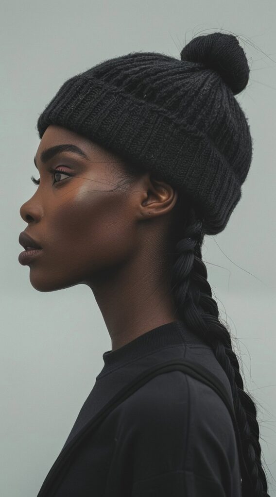35 Beanie Hairstyles for Black Women: Chic and Cozy Ideas for Every Style 30 beanie with low sleek braid