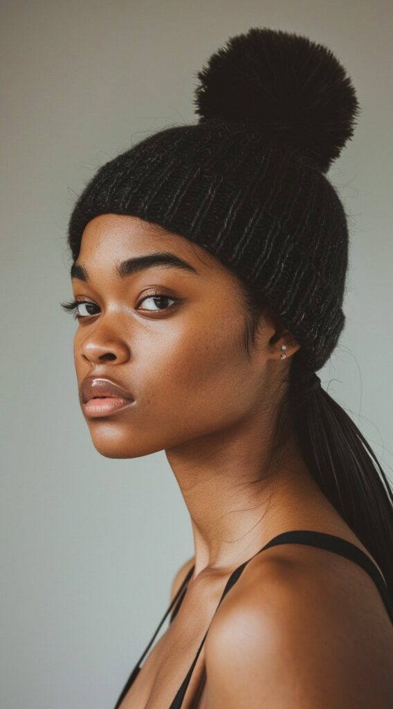 35 Beanie Hairstyles for Black Women: Chic and Cozy Ideas for Every Style 31 beanie with low straight ponytail