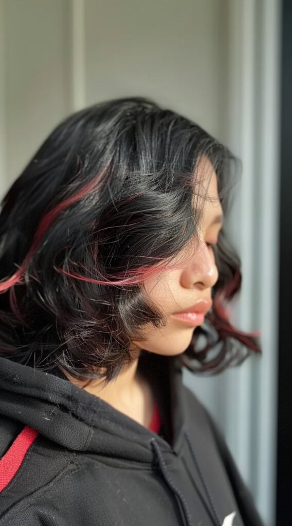 17 Peekaboo Highlights for Dark Hair Ideas 3 black bob with red peekaboo highlights