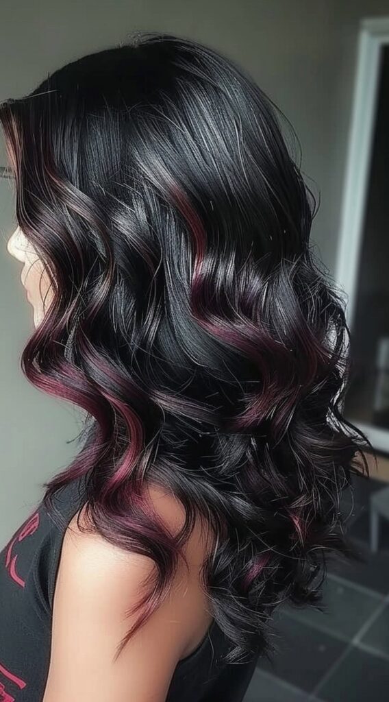 17 Peekaboo Highlights for Dark Hair Ideas 6 black waves with burgundy peekaboo highlights