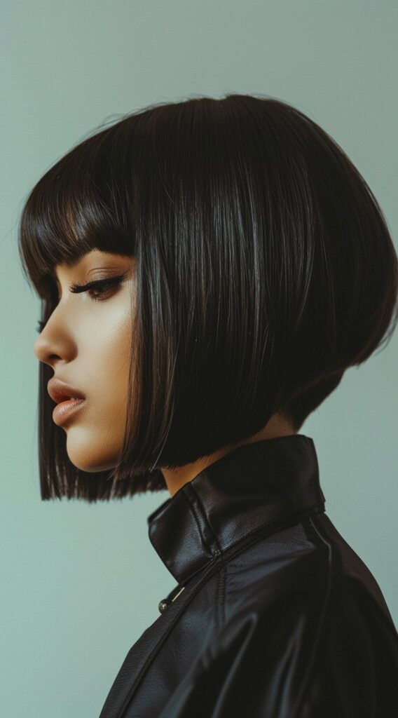 21 Stacked Bob Hairstyles for Fine Hair: Volume and Elegance 3 blunt bangs on inverted sleek stacked bob