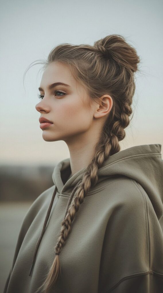 19 Hoodie Hairstyles to Try: Easy and Stylish Ideas for Every Hair Type 18 braid and bun combo