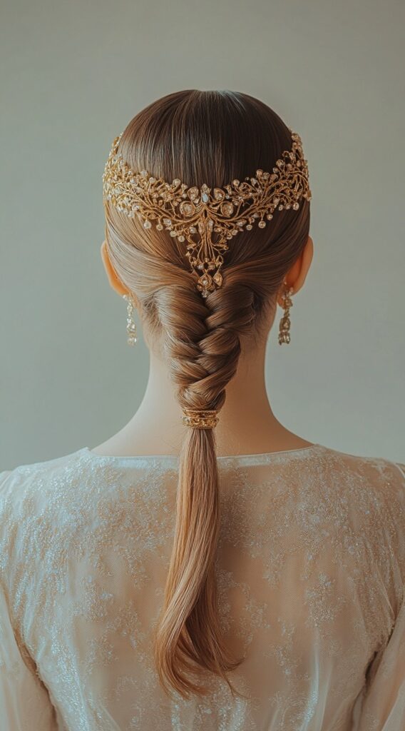 25 Dreamy Princess Hairstyles: Gorgeous Ideas for Your Next Big Event 14 braided fishtail with golden headpiece