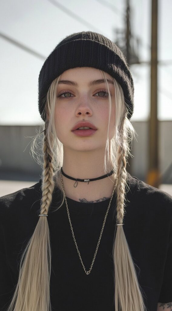 Mastering Beanie Hairstyles: 25 Simple and Stylish Ideas for Effortless Hair Days 8 braided pigtails with a beanie