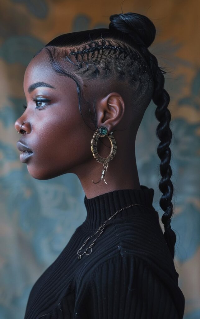 Shaved Sides with Ponytail for Black Women: 27 Stylish and Bold Ideas for Your Next Look 4 braided ponytail with decorative cornrows