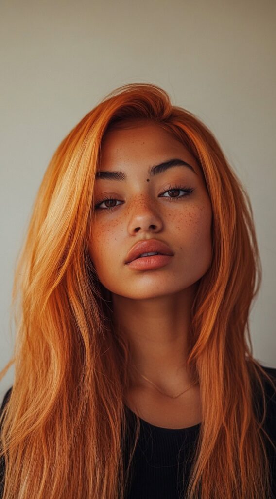 27 Flattering Hair Color Ideas for Brown Skin 22 bright copper straight locks