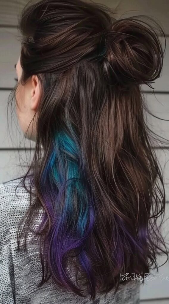 17 Peekaboo Highlights for Dark Hair Ideas 5 brunette with blue and purple underlights
