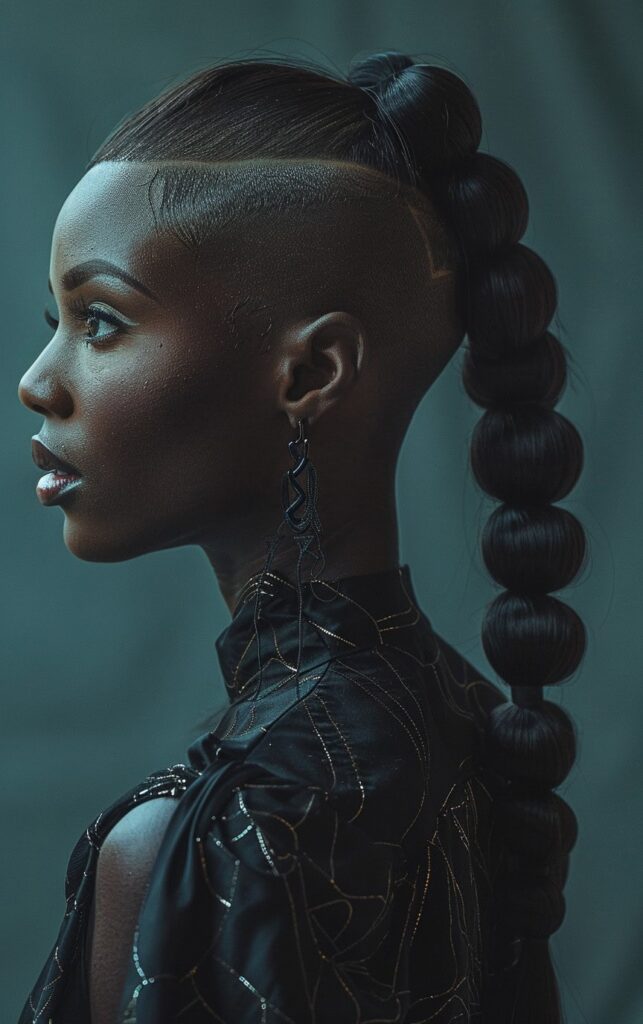 Shaved Sides with Ponytail for Black Women: 27 Stylish and Bold Ideas for Your Next Look 13 bubble ponytail with geometric undercut