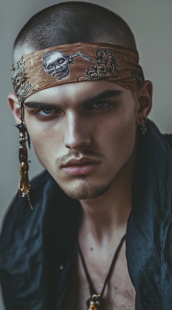 31 Pirate Hairstyles for Men: Rugged and Authentic Looks for Halloween 5 buzz cut with bandana