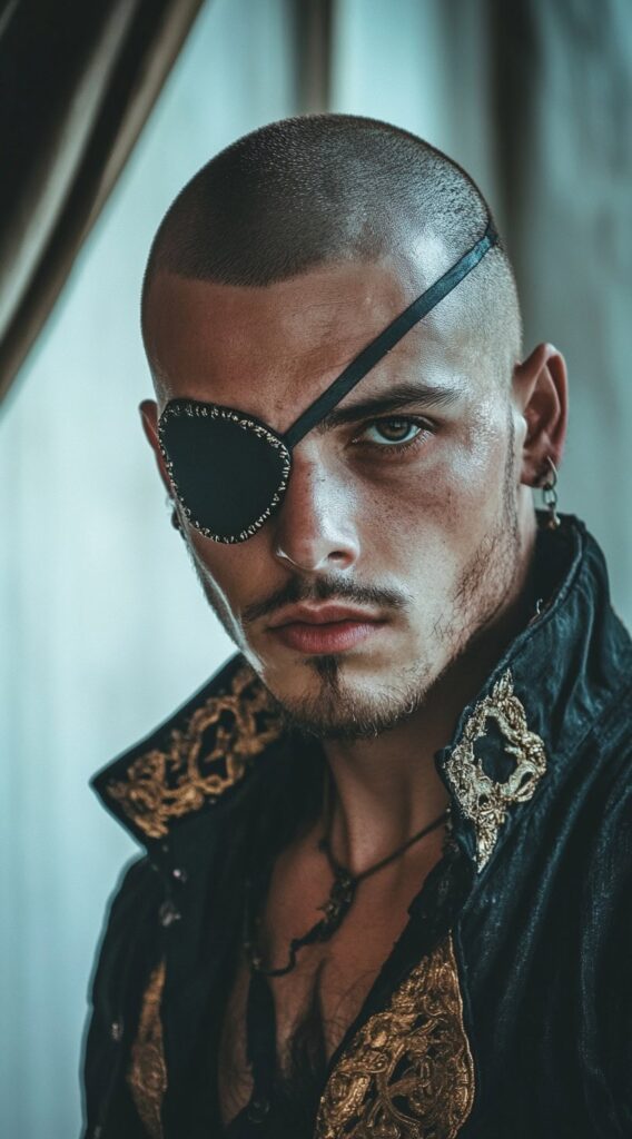 31 Pirate Hairstyles for Men: Rugged and Authentic Looks for Halloween 6 buzz cut with eyepatch