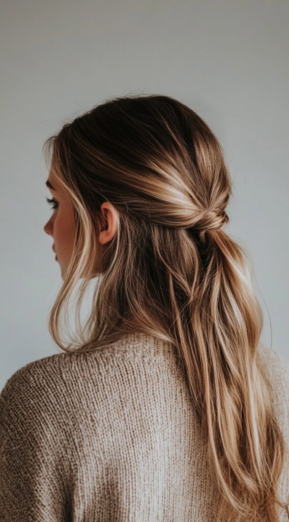 25 Highlights on Dirty Blonde Hair: From Subtle to Bold Transformations 8 caramel highlights on dirty blonde hair with a half up twist