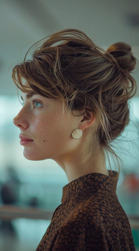 29 Airport Hairstyles for Short Hair: Trendy and Easy Ideas for Travel 1 casual high bun with side swept bangs