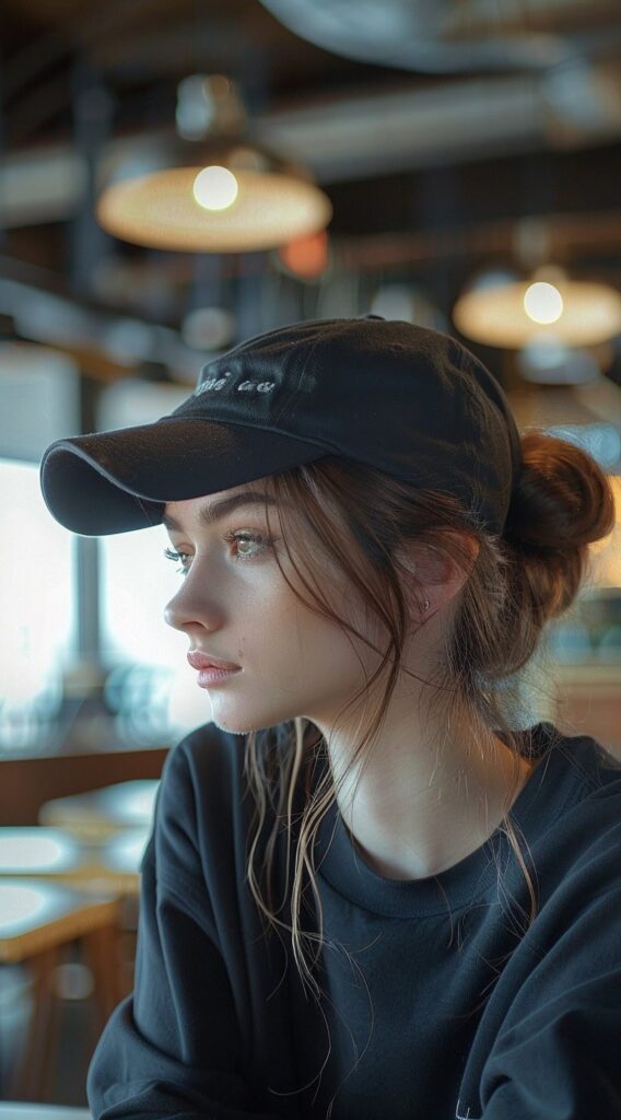25 Hat Hairstyles for Work: Stylish and Professional Ideas for Women 2 chignon with baseball hat