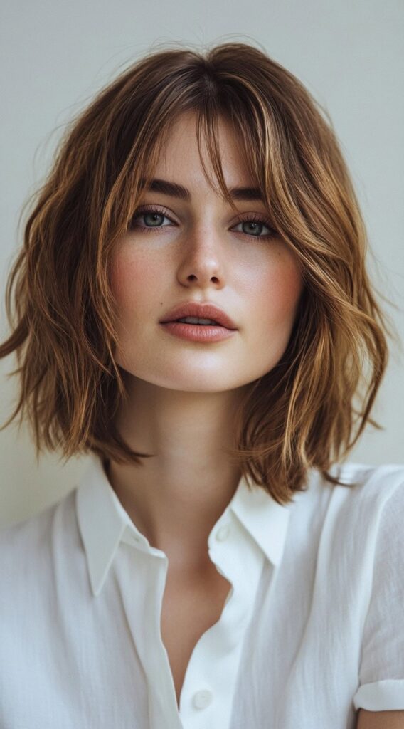 17 Trendy Brown Bob Hairstyles 4 choppy bob with curtain bangs 1