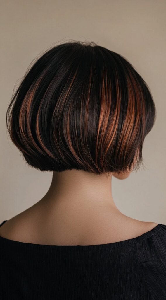 27 Inspiring Black Hair with Brown Highlights Ideas 18 classic bob with warm chestnut brown accents