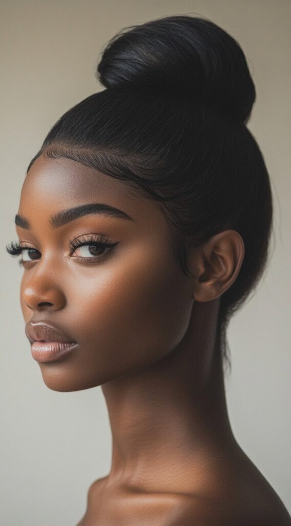 23 Straight Hairstyles for Black Women 6 classic high bun with laid edges