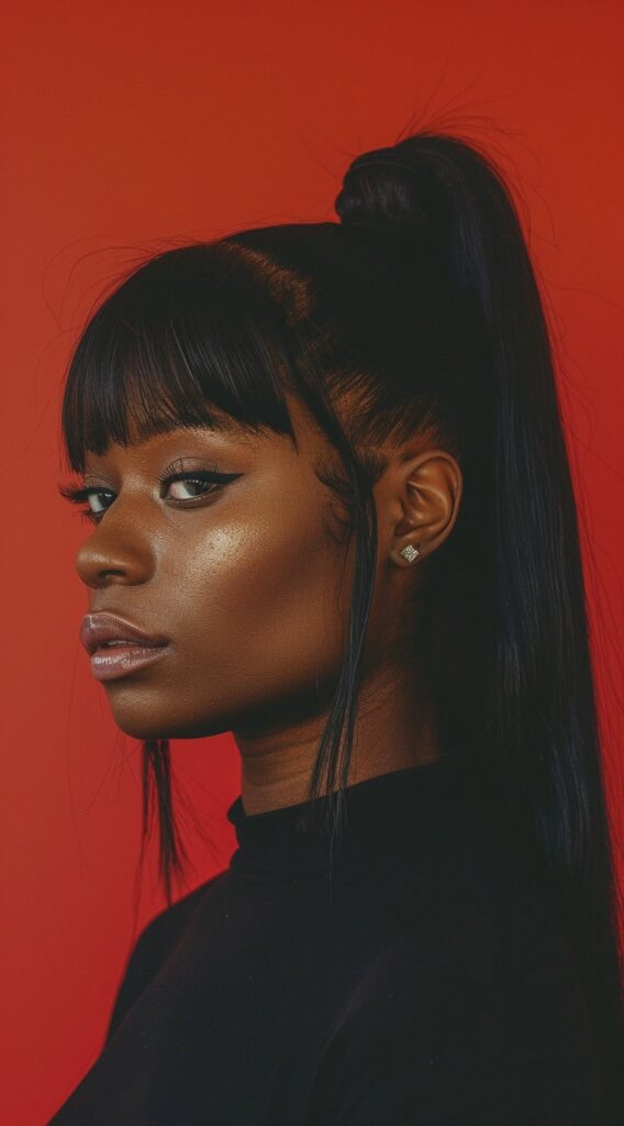 27 Weave Ponytail Hairstyles with Bangs: Chic and Modern Looks for Every Occasion 2 classic high ponytail with bangs and framing tendrils