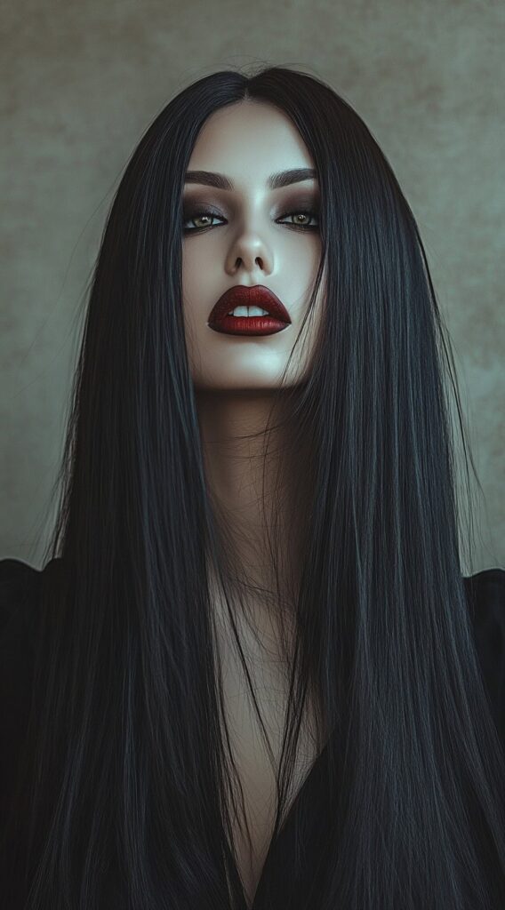 36+ Vampire Hairstyles for Women 2 classic long sleek hair with middle part