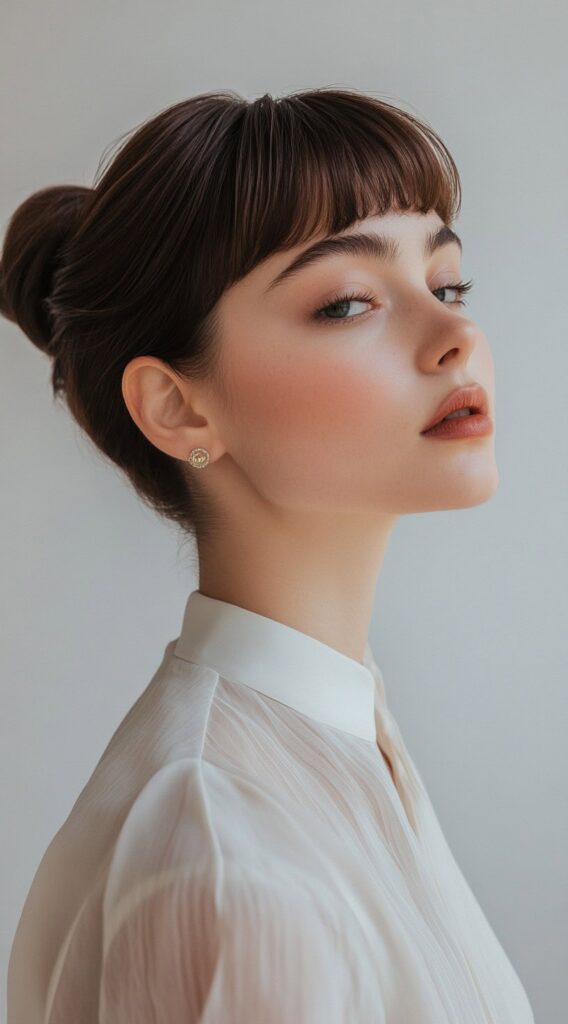 37 Formal Hairstyles for Short Hair: Elegant and Chic Ideas for Any Occasion 13 classic sleek bun with blunt bangs