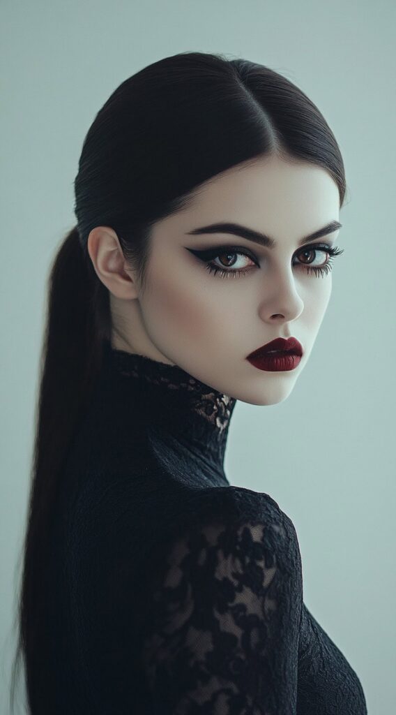 36+ Vampire Hairstyles for Women 3 classy sleek low ponytial with middle part