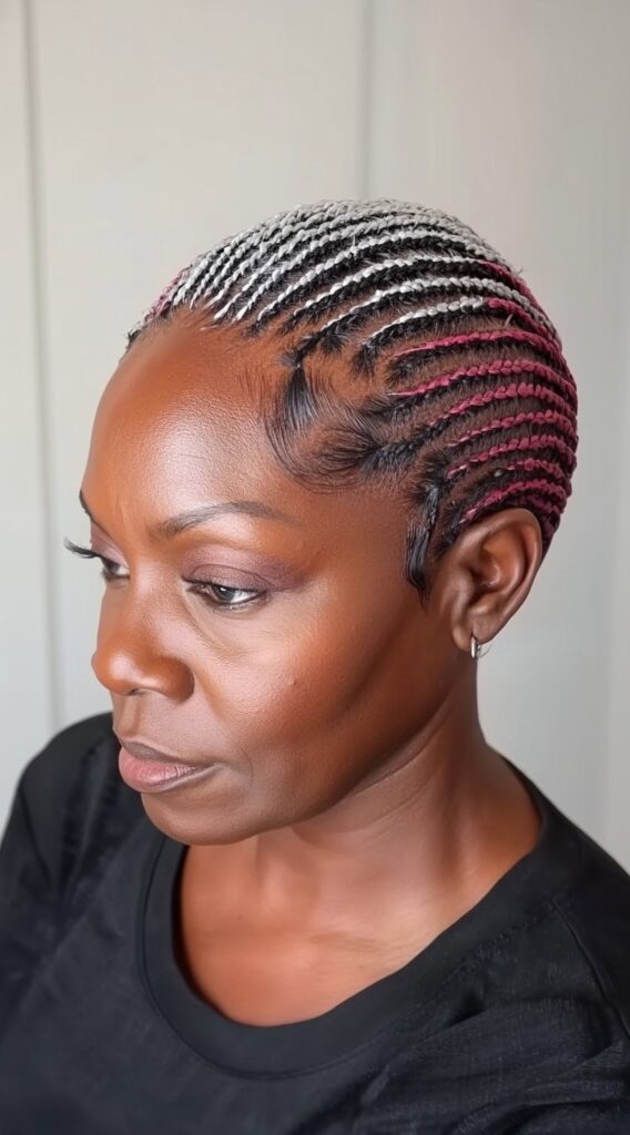 Braids for Older Black Women Over 50: 17 Elegant and Age-Defying Hairstyles to Try 11 cornrows with white and red highlights