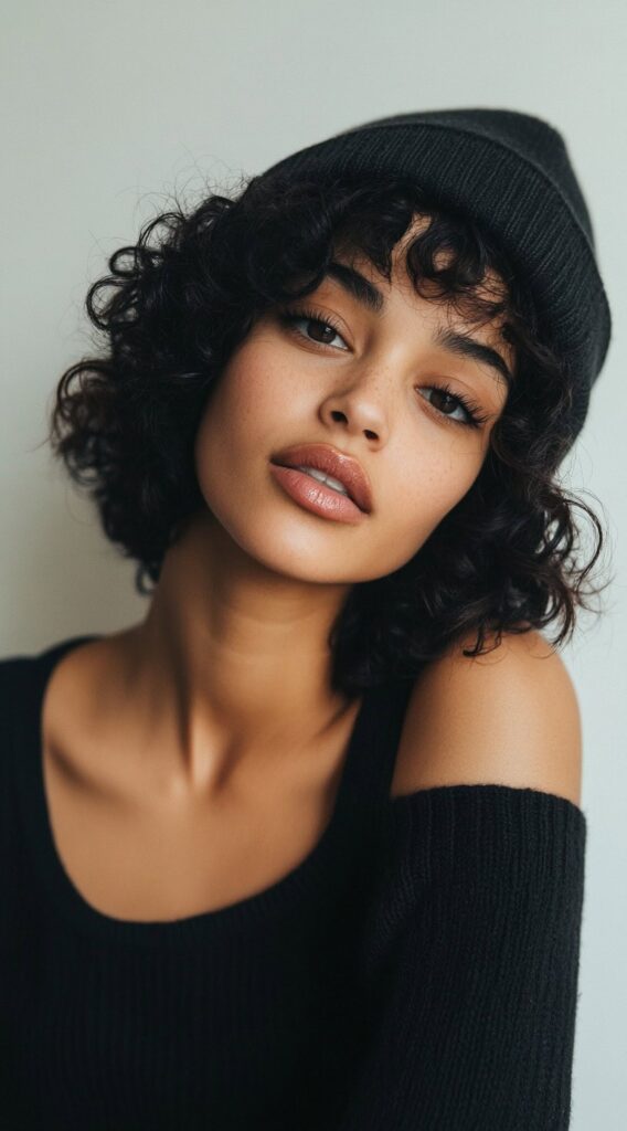 Mastering Beanie Hairstyles: 25 Simple and Stylish Ideas for Effortless Hair Days 9 curly bob with a beanie