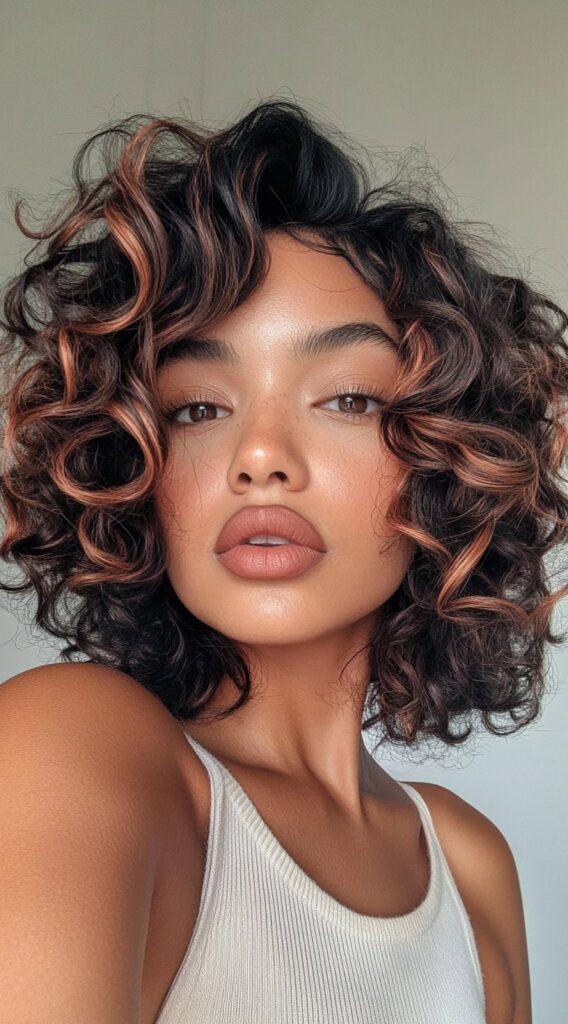 27 Inspiring Black Hair with Brown Highlights Ideas 24 curly bob with bronze highlights