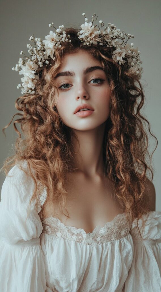 25 Dreamy Princess Hairstyles: Gorgeous Ideas for Your Next Big Event 8 curly bohemian halo with floral accents