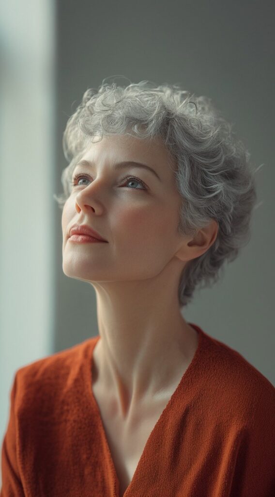 24 Chic Short Hairstyles for Women Over 50 with Gray Hair 20 curly crop with volume