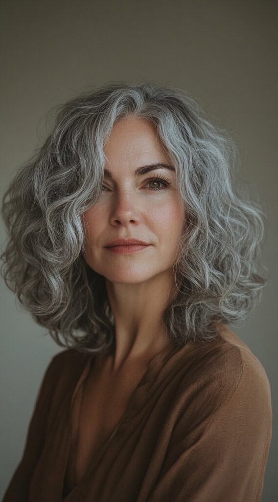 24 Chic Short Hairstyles for Women Over 50 with Gray Hair 15 curly gray lob