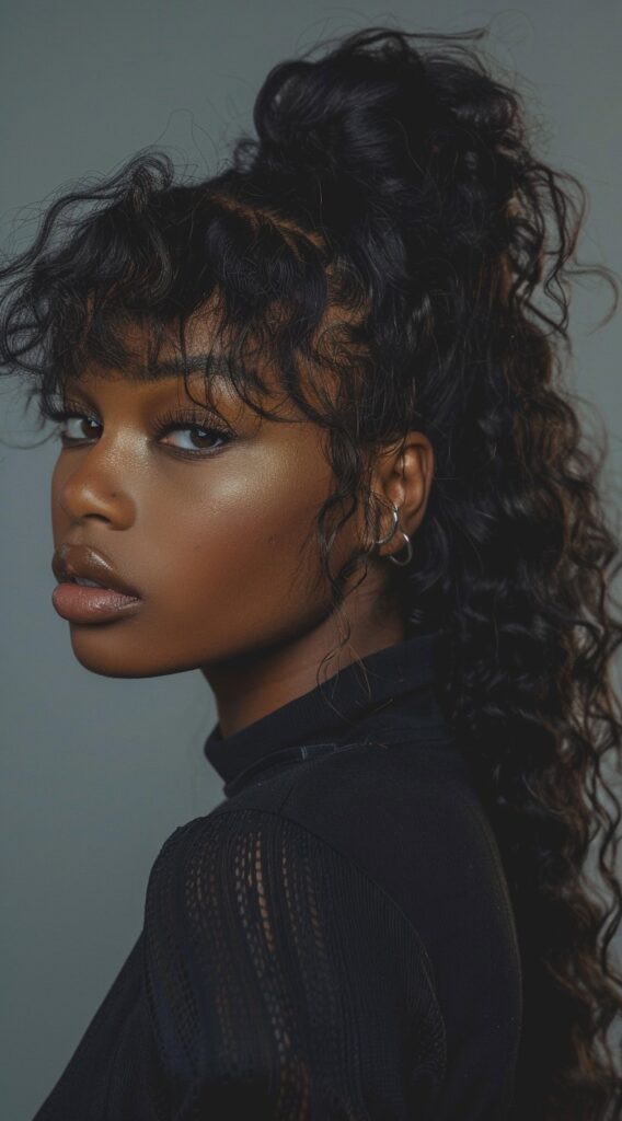 27 Weave Ponytail Hairstyles with Bangs: Chic and Modern Looks for Every Occasion 3 curly half up half down ponytail with curly bangs
