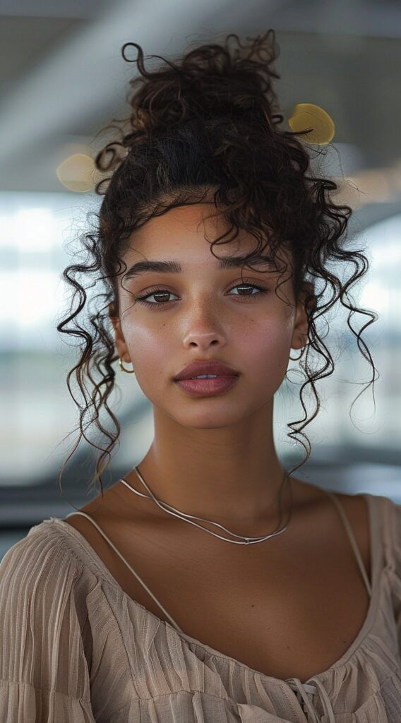 17 Airport Hairstyles for Curly Hair: Stay Cute on the Go and Travel in Style 1 curly high bun with face framing tendrils