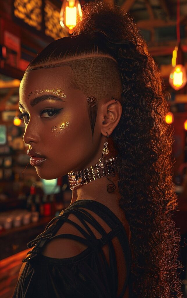 Shaved Sides with Ponytail for Black Women: 27 Stylish and Bold Ideas for Your Next Look 2 curly ponytail with intricate shaving patterns