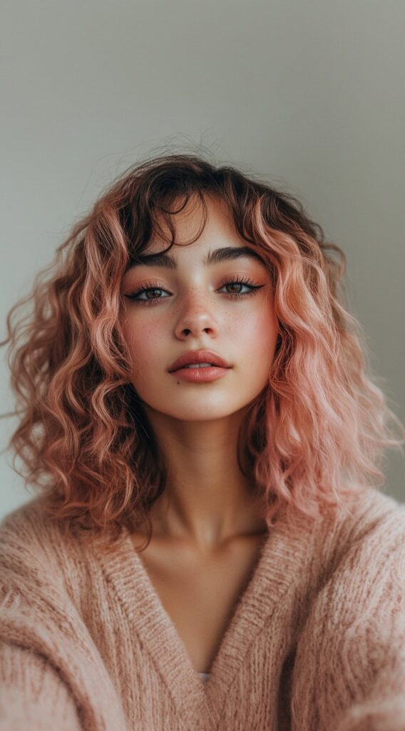 21 Pretty Pink Highlights in Brown Hair 21 curly shag with pastel pink highlights