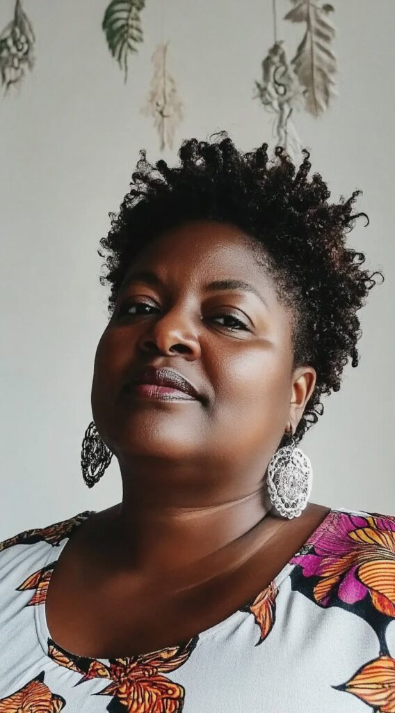 26 Older Black Women Hairstyles for Over 50 3 curly tapered cut with statement earrings