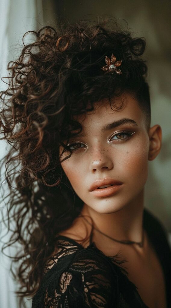 10 Long Curly Hair with Undercut Women Hairstyles: Stunning Ideas to Transform Your Look 4 curly undercut with decorative hair accessories
