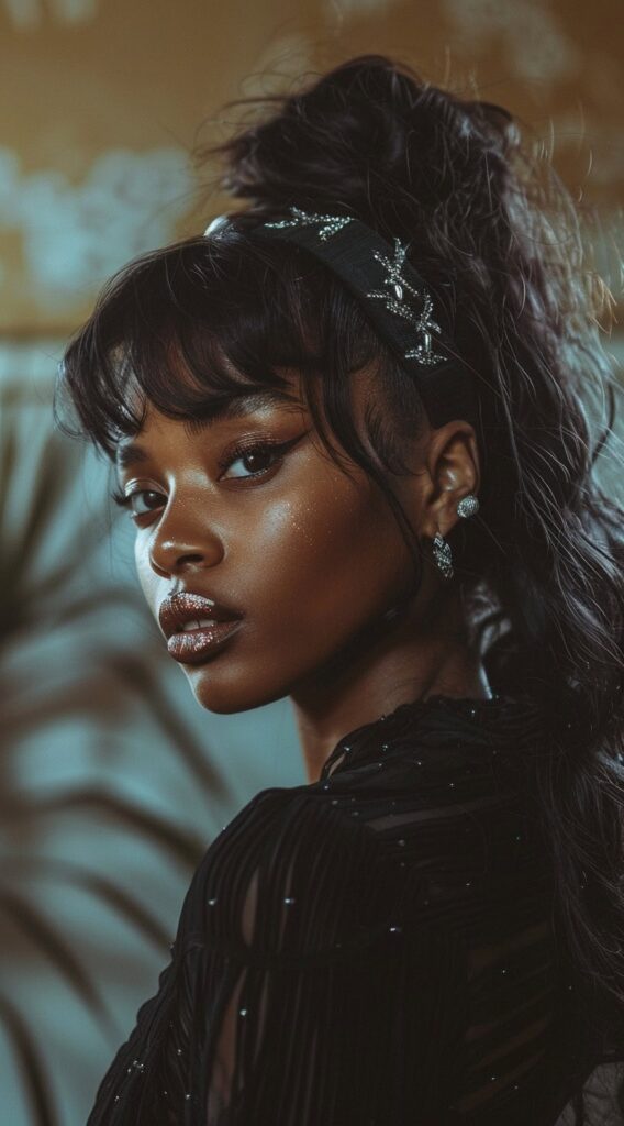 27 Weave Ponytail Hairstyles with Bangs: Chic and Modern Looks for Every Occasion 4 curved bangs with headband and wavy ponytail