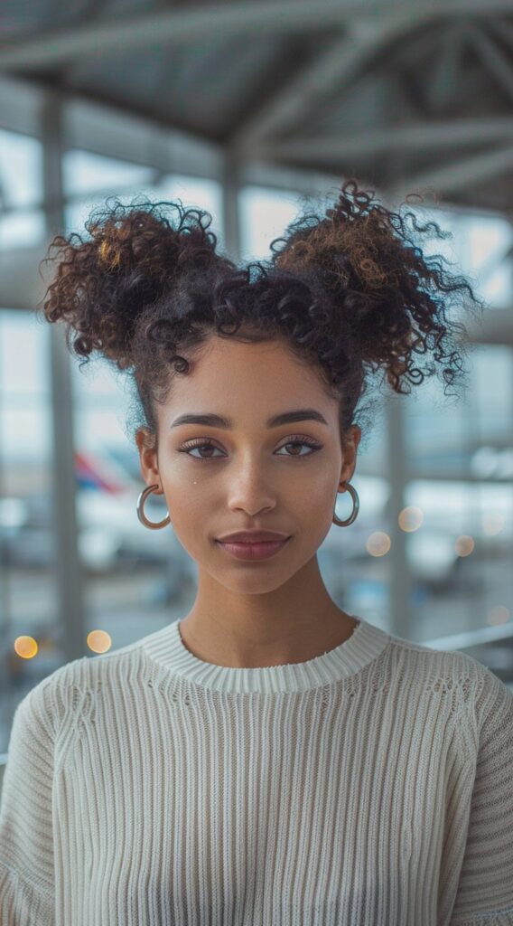 17 Airport Hairstyles for Curly Hair: Stay Cute on the Go and Travel in Style 2 cute double buns for short hair