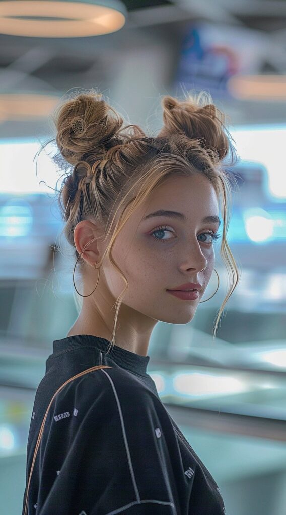 29 Airport Hairstyles for Short Hair: Trendy and Easy Ideas for Travel 5 cute double buns with framing tendrils